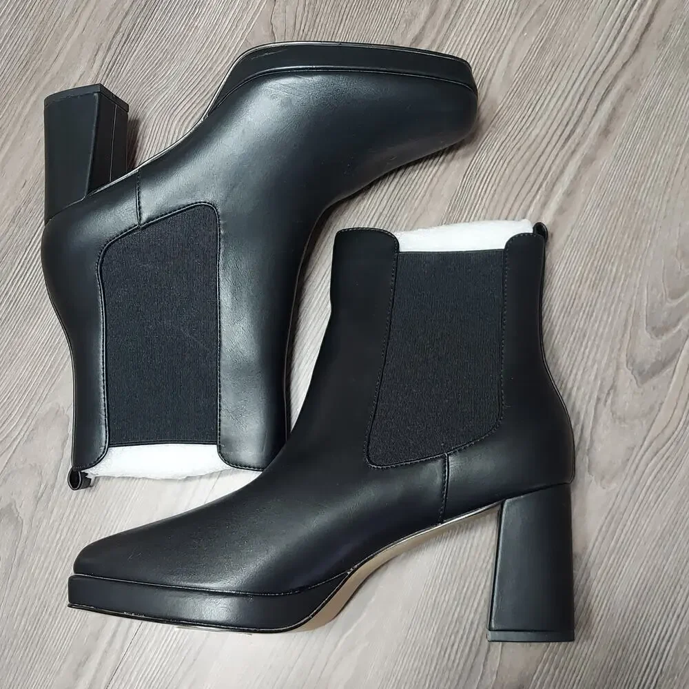 French Connection Black Vegan Leather Penny Block Heel Chelsea Boots
